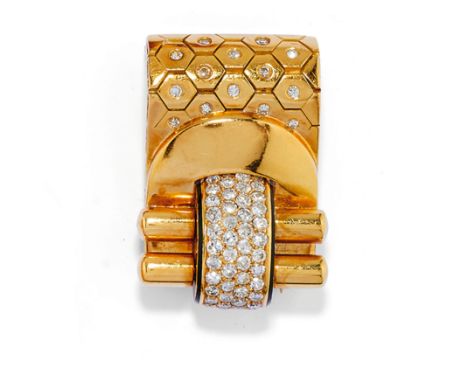 forme stylisèe dècorèe d'èmail noir et de diamants taille huit huit et brillant, poinçon or françaisPoids: 31,00 environA GOL