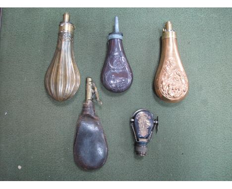 Gunpowder Flasks and Monocular, three metal gunpowder flasks with patterned relief on both sides, leather shot flask with spr
