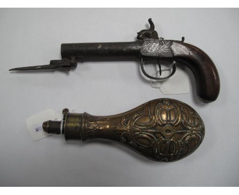 A Copper/Brass Powder Flask, relief decoration, stamped with makers name, opening lever and stepped measure, plus C.19 percus