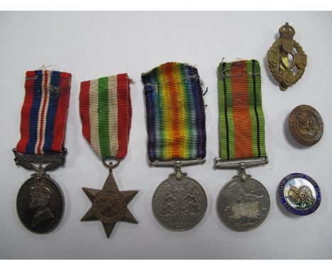 WWII British Medals: Defence Medal, Victory Medal, Italy Star, Territorial Army Service Medal. Plus First Issue Reme Cap Badg