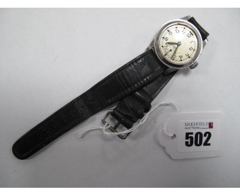 WWII British Army ATP (Army Trade Pattern) Stainless Steel Wristwatch, stamped on case with broad arrow, ATP and F02638 leath
