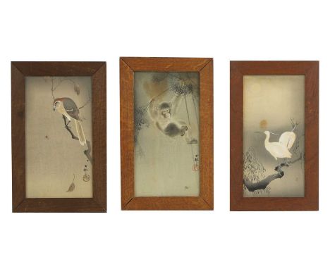 Ohara Koson (Japanese, 1877-1945), a collection of three Japanese woodblock prints, 20th century, with a monkey, an eagle or 