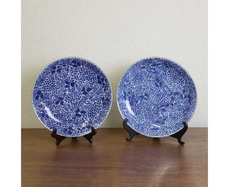 A pair of Chinese blue and white chargers, Kangxi (1662-1722), each of circular form, painted with peony and scrolls, 35.6cm 