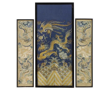 A collection of Chinese embroidered panels, early 20th century, comprising:one with a phoenix and a dragon chasing a flaming 