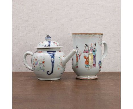 A group of Chinese export porcelain, 18th century, comprising:a famille rose mug, of baluster form, painted with ladies and b