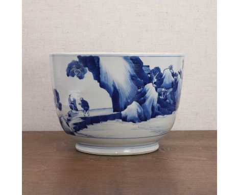 A Chinese blue and white jar, Kangxi (1662-1722), the rounded sides rising from a circular foot, painted with literati by a r