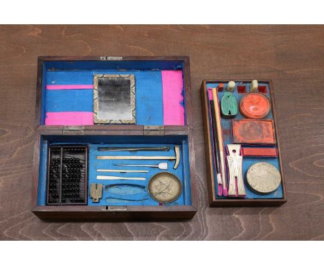 A Chinese study set, 19th century, of rectangular form, the hinged cover incorporating a paper compartment accessed by a slid