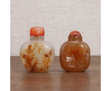 Two Chinese agate snuff bottles, early 20th century, comprising:one carved with He He Erxian, the reverse with bamboo, the st