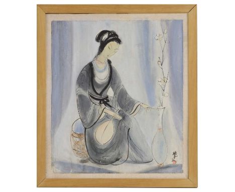 A Chinese gouache painting, 20th century, in the style of Lin Fengmian, painted with a seated lady by a blossoming prunus bra