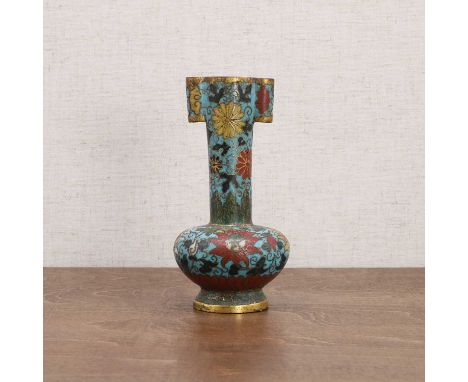 A Chinese cloisonné arrow vase, Ming dynasty (1368-1644), the compressed globular body rising to a tall cylindrical neck and 