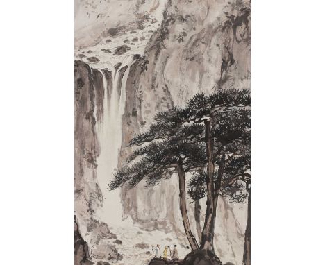 A Chinese hanging scroll, 20th century, of literati standing below pine trees in a mountainous landscape, dated year of Wuwu 