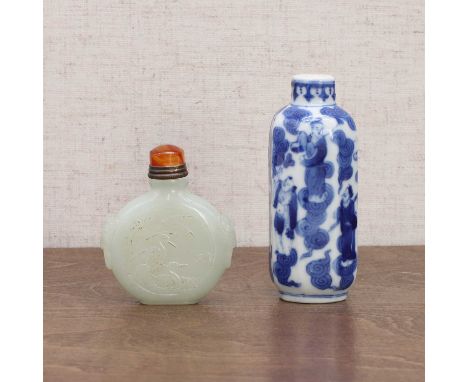 A Chinese blue and white snuff bottle, late Qing dynasty, of octagonal form, painted with the Eight Daoist Immortals amongst 