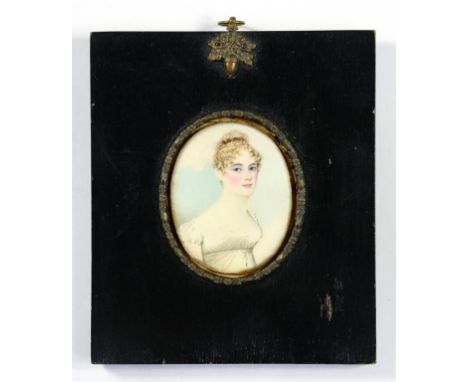 ATTRIBUTED TO FREDERICK BUCK - PORTRAIT MINIATURE OF A YOUNG LADY, IVORY OVAL, 7CM X 5.5CM, PAPIER MACHE FRAME WITH ACORN HAN