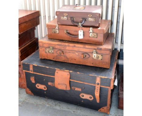 TWO VINTAGE LEATHER SUITCASES, 50CM AND 61CM W, ANOTHER SMALLER SUITCASE AND A CABIN TRUNK, EARLY 20TH CENTURY
