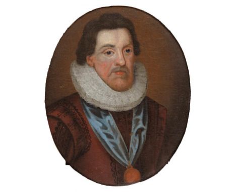 BRITISH SCHOOL - PORTRAIT OF KING JAMES I, HEAD AND SHOULDERS, OIL ON CANVAS, OVAL, 29CM X 23CM IN A CARVED AND GILDED FRAME