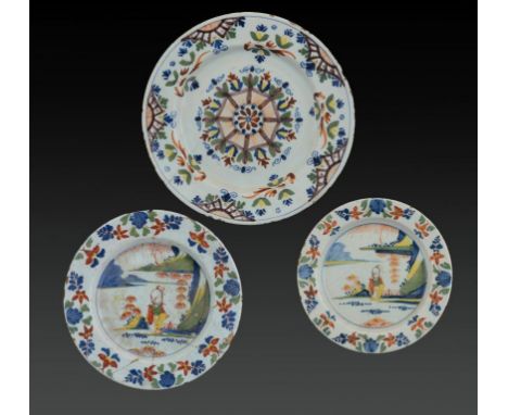 TWO ENGLISH DELFTWARE CHINOISERIE PLATES AND AN ANN GOMM PATTERN DISH, ALL LONDON, C1770 & C1792 22.5-30.5cm diam ++Small chi