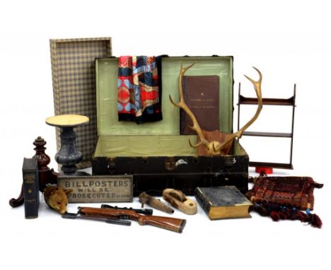 A PAIR OF ANTLERS ON OAK SHIELD, AN OAK WALL RACK, A FOX HEAD, TEXTILES AND OTHER ITEMS IN A CABIN TRUNK