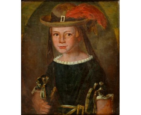 19TH CENTURY SCHOOL - PORTRAIT OF A CHILD IN A PLUMED HAT, BUST LENGTH, OIL ON CANVAS, 34CM X 29.5CM