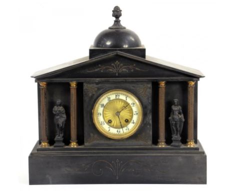 A FRENCH ARCHITECTURAL STYLE SLATE MANTLE CLOCK WITH FINIALS AND CUPOLA, 40CM H, LATE 19TH CENTURY 