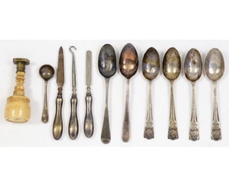 A VICTORIAN BRASS DESK SEAL WITH TURNED BONE HANDLE, 3CM H, VARIOUS SILVER COFFEE AND CONDIMENT SPOONS AND TWO SILVER HANDLED