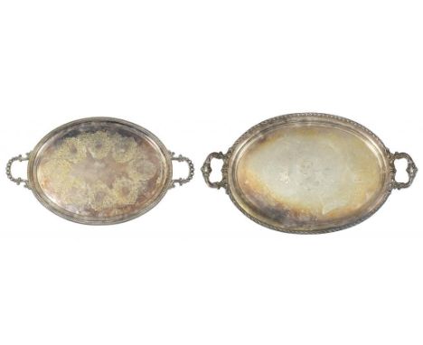 TWO EPNS OVAL TEA TRAYS, THE LARGER NORTH AMERICAN AND ENGRAVED WITH A PORTRAIT OF GEORGE WASHINGTON AND BATTLE HONOURS, 71CM