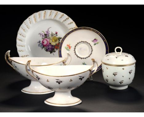 THREE OUTSIDE DECORATED DERBY WARES AND A CONTEMPORARY DERBY STYLE SUCRIER AND COVER, ALL C1800 painted with flowers and spri