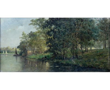 DANISH SCHOOL, 19TH CENTURY - A SHADY RIVER BANK, INDISTINCTLY SIGNED, OIL ON CANVAS, 18CM X 37CM AND AN EARLY 20TH CENTURY S