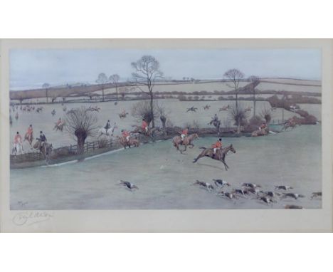 AN EARLY 20TH CENTURY ARTIST SIGNED COLOUR HUNTING PRINT BY CECIL ALDIN, 40CM X 69CM