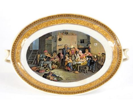 AN F & R PRATT & CO OVAL COMPORT DECORATED WITH THE BLIND FIDDLER AFTER SIR DAVID WILKIE, 34CM OVER HANDLES, PRINTED MARK, CI