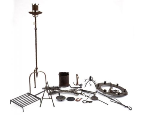 MISCELLANEOUS WROUGHT IRON ARTICLES, INCLUDING A DOOR BOLT, TRIPOD CANDLE STAND, GRIDDLE, CORONA LUCIS, ETC 