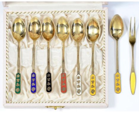 A HARLEQUIN SET OF SIX DANISH SILVER GILT AND ENAMEL COFFEE SPOONS, MARKED EGON LAURIDSEN STERLING AND A SIMILAR SPOON AND FO