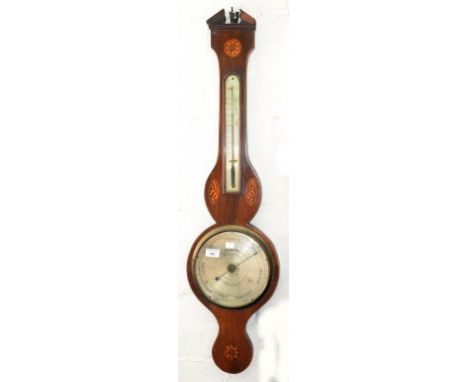 A VICTORIAN MAHOGANY AND LINE INLAID BAROMETER WITH SHELL AND FLOWER PATERAE, THE SILVERED DIAL INSCRIBED BORINI BIRMINGHAM W