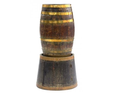 A BRASS BOUND OAK BARREL STICK STAND, 65CM H AND A SIMILAR CUPBOARD