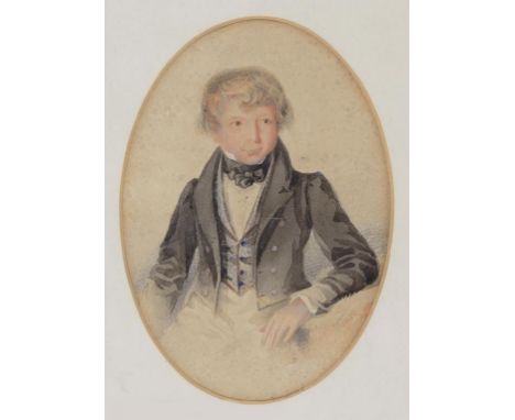 ENGLISH SCHOOL, 19TH CENTURY - PORTRAIT MINIATURE OF A YOUNG MAN, WATERCOLOUR, ON CARD, OVAL, 15CM X 10.5CM