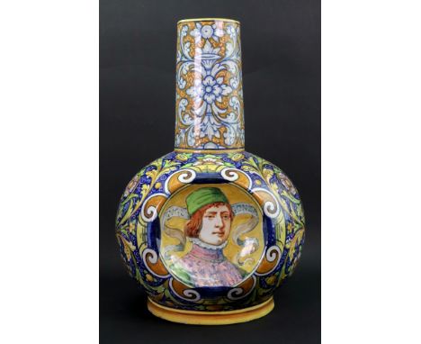 A tall Italian Maiolica bottle vase, late 19th/early 20th century, the globular body with three indented circular panels, two