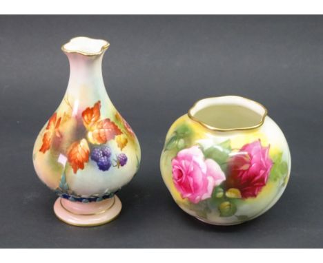 A Royal Worcester miniature globular vase painted with roses, dated 1929 and signed 'M Hunt', purple printed marks to base 'G