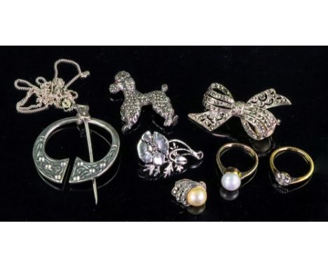 A collection of costume jewellery, comprising; four brooches, a silver chain, a cultured pearl ring, stamped 9ct, a rose cut 