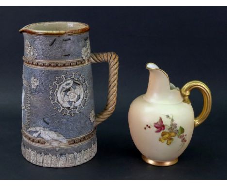 A small Royal Worcester bone china jug, circa 1903, decorated with flowers against a shaded apricot ground, puce printed mark