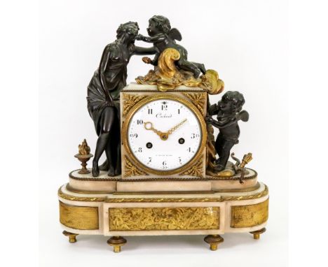 Cachard Sr. De Chle. Le Roi; a Louis XVI /early 19th century bronze and ormolu mounted white marble mantel clock, the rectang