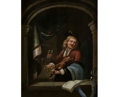 European School, 19th Century, A man playing a violin, oil on board, 20 x 15.5cm.