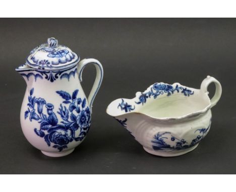A Worcester blue and white press moulded cream boat, circa 1770, painted with the 'Two Porter landscape' pattern, blue painte