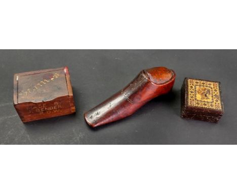 A Victorian Tunbridgeware stamp box, the pull-off cover depicting a stamp, 4 x 3.8cm, a rectangular mahogany 'stamps' box, wi