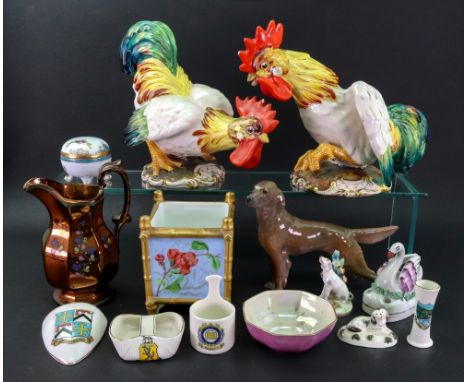 A group of English and continental pottery and porcelain, 19th &amp; 20th century, comprising; a pair of Italian pottery cock