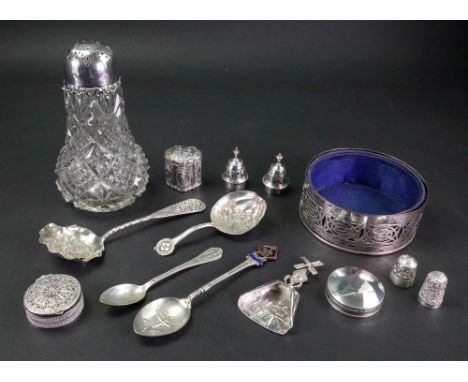 A silver mounted cut glass sugar castor, Birmingham 1902, 13cm high, a Dutch silver peppermint box, 19th century, of shaped o