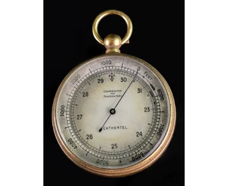 Weathertel; a Victorian gilt metal cased pocket compensated for temperature barometer, with silvered dial, 5cm diameter, in o