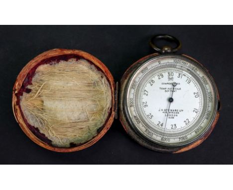 J. H. Steward Ltd, 408 Strand, London 6296; a late Victorian steel cased compensated pocket barometer, with silvered dial and
