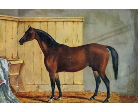 English School, 19th Century, A portrait of a chestnut horse in a stable, oil on card, 19 x 27cm, together with a 19th centur