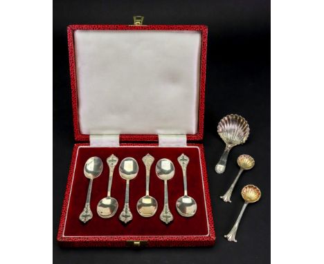 A George III silver bright cut edge pattern caddy spoon, John Emes, circa 1800, with scallop shell bowl, a pair of Victorian 