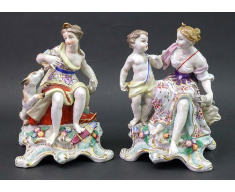 A pair of French porcelain figures, one modelled as Diana holding a bow, seated next to a putto, holding an arrow, the other 