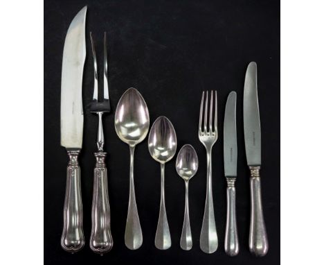 A canteen of Italian Hanoverian pattern flatware and cutlery, ACC, detailed 800, 9 tablespoons, 13 table forks, 8 dessert spo